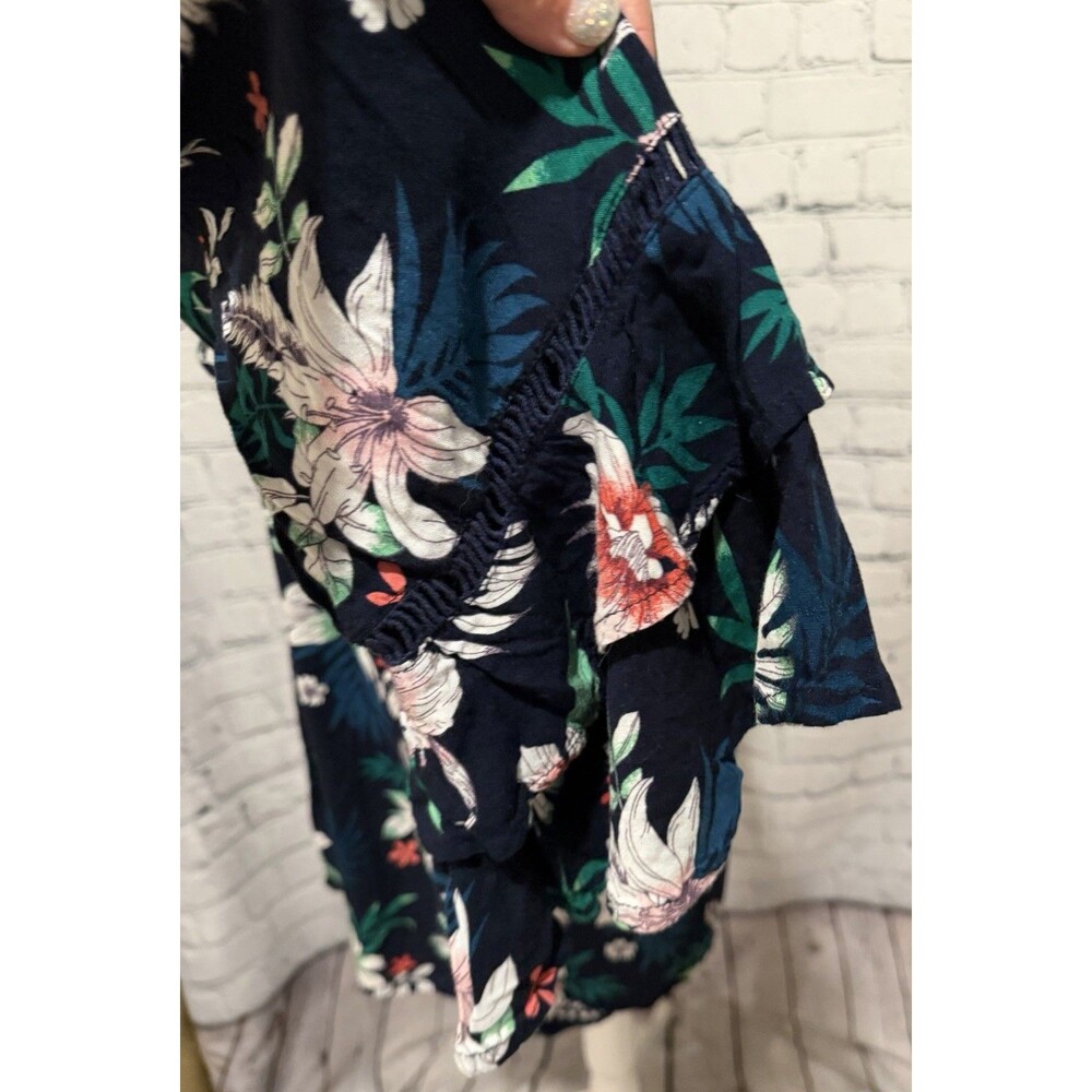 Blue Island Blue Floral Short Tie Front Rayon Ruffle Sleeve Wrap Dress Small - Picture 4 of 8